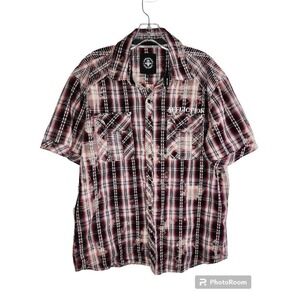 Affliction Live Fast Embroidered Short Sleeve Shirt Men L Button Up Red Plaid